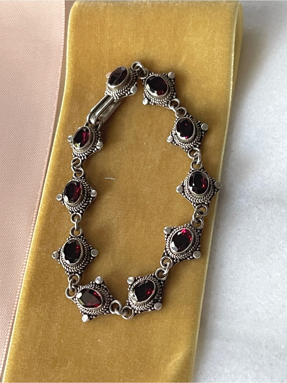 Sterling Silver Garnet Link Bracelet - Deep Red Gemstones